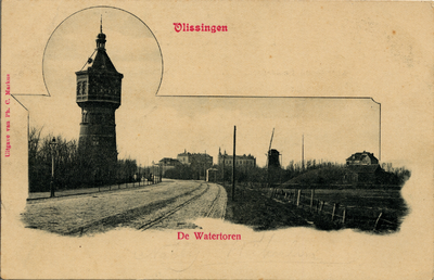 20240 'Vlissingen. De Watertoren'. Badhuisstraat en Watertoren. In het midden de Korenwindmolen, in 1900 door brand verwoest