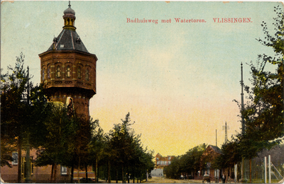 20252 'Badhuisweg met Watertoren. Vlissingen'. De Badhuisstraat gezien in de richting van de leeuwentrap. (Watertoren, ...