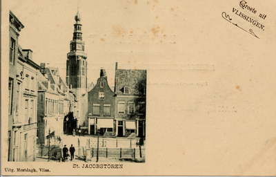 21012 'St. Jacobstoren. Groete uit Vlissingen.' Gezicht op de Kerkstraat en St. Jacobstoren en rechts daarvan de Bellamykade