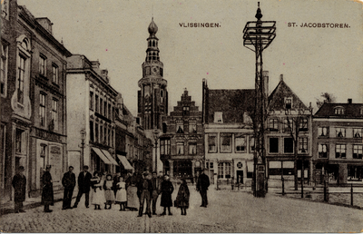 21147 'Vlissingen. St. Jacobstoren.' Op de voorgrond de Bierkade en op de achtergrond de IJzeren Brug, de Kerkstraat, ...
