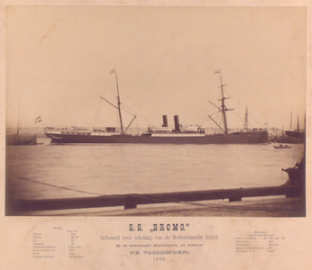22216 Kon. Mij. De Schelde. Mailboot Bromo. Bouwnr. 61. Bouwjaar 1888. Eigenaar Kon. Rotterdamsche Lloyd. Verkocht aan ...