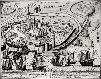 22320 Kartografisch document Vlissinghe (foto van een kopergravure van Vlissingen met opstanden van huizen en gebouwen ...