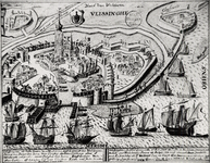22320 Kartografisch document Vlissinghe (foto van een kopergravure van Vlissingen met opstanden van huizen en gebouwen ...