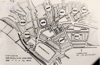 29259 Plattegrond van een gedeelte van Vlissingen met jaartallen van de woningbouw vanaf 1900.
