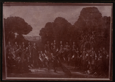 33404 Reproductie van een schilderij. Groep personen met in het midden M.A. de Ruyter.
