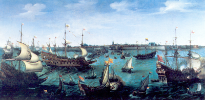 34050 Aankomst van Frederik V van de Palts en Elisabeth Stuart te Vlissingen in mei 1613.Reproductie van een schilderij ...