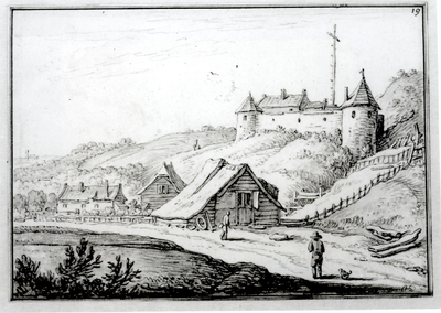 34713 Reproductie van een tekening van 108 x 155 mm van Herman Saftleve (1619-1685). Gezicht op een wachthuis bij één ...