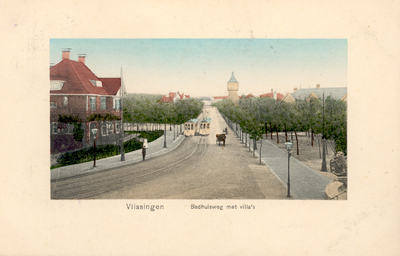35006 Vlissingen Badhuisweg met villa's . De Badhuisstraat met watertoren en tram gezien vanaf de Boulevard