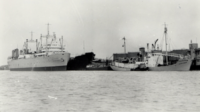 40091 Het bunkeren van schepen bij de Steenkolen Handelsvereniging (S.H.V.), aan de Buitenhaven. Het schip links is de ...