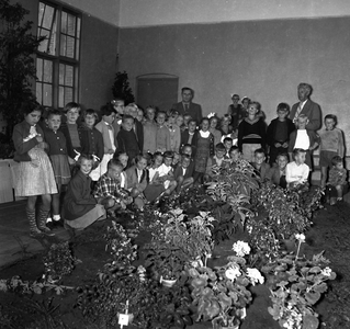 41682 Floralia tentoonstelling in het gymnastieklokaal van de Bouwen Ewoutschool.De tentoonstelling is op 10 sept. 1955 ...