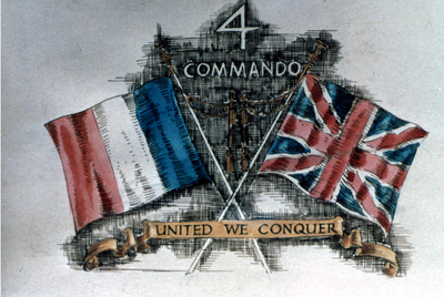 52295 Tweede Wereldoorlog. Embleem van het 4e Commando, 'United we conquer'