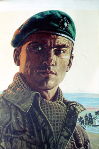 52296 Tweede Wereldoorlog. Reproductie van een schilderij van een soldaat van het No.4 Commando na de landing op ...