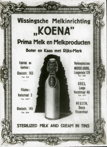 53672 Reclame affiche van de Vlissingse Melkinrichting en fabriek van Melkproducten 'Koena', Glacisstraat 163. ...