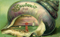 54656 'Souvenir from Vlissingen.' Fantasiekaart, schelp met afbeelding van zeilscheepje op zee en ondergaande zon