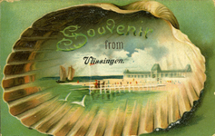 54658 'Souvenir from Vlissingen.' Fantasiekaart, schelp met afbeelding van 2 zeilscheepjes, strand en pier