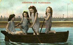 54711 'Groeten uit Vlissingen.' Fantasiekaart, vier meisje in een roeibootje