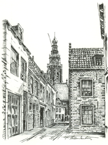55564 De Vrouwestraat richting de Oude Markt met op de achtergrond de Sint Jacobskerk (tekening Paul Brandenburg).