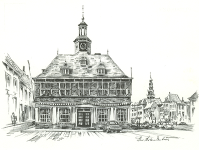 55565 Het Beursgebouw aan het Beursplein. Links de Beursstraat en rechts het Bellamypark (tekening Paul Brandenburg).