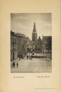 56773 'St. Jacobstoren.Tour St. Jacques.' De Kerkstraat en de St. Jacobstoren gezien vanaf de Bierkade en in het ...