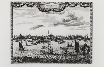 57037 'Gezicht op de reede van Vlissingen in de Ruyters tijd' De reproductie met zeeezicht is naar een gravure uit ca.1650.