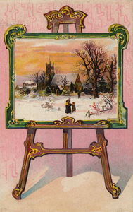 57154 Een fantasiekaart met een schilderij (winterlandschap) geplaatst op een schildersezel. Op de achterzijde staat; ...