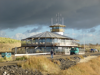 57388 Het strandpaviljoen aan het einde van de Nolledijk. Op de begane grond bevindt zich Panta Rhei en op de eerste ...