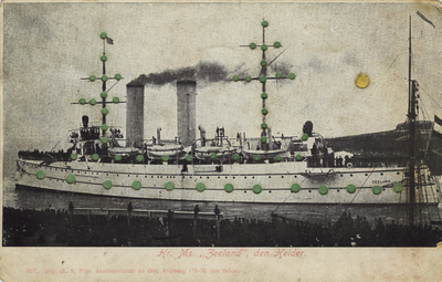 57454 'Hr.Ms. Zeeland , den Helder.' Pantserdekschip Zeeland, gebouwd in 1898 bij de Kon. Mij de Schelde (bouwnr. 858) ...