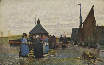 57473 Schilderij met De Ruyterplein waar de vis werd verhandeld. Op de achtergrond rechts het Keizersbolwerk