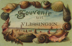57481 'Souvenir uit Vlissingen.' Fantasiekaart met een afbeelding van een kustlijn (strand en vuurtoren) omringt door ...