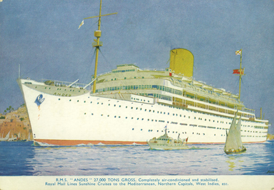 57516 R.M.S Andes, 27.000 Tons Gross. Completely air-conditioned and stabilised. Royal Mail Lines Sunshine Cruises to ...