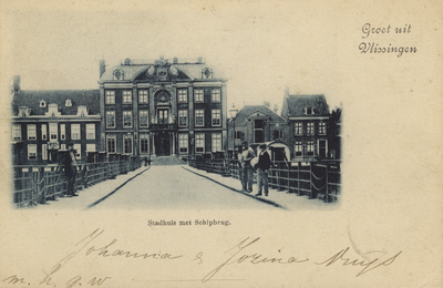 57537 'Groeten uit Vlissingen' 'Stadhuis met Schipbrug.' Stadhuis op de Houtkade (Van Dishoeckhuis) en Schipbrug gezien ...