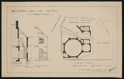 1057 Engelsche kerk Vlissingen : doorsnede-aanbouw, eindaanzicht aanbouw en plattegrond van het gebouw met omliggend terrein