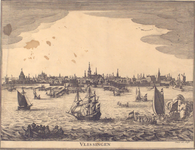 1133 Vlissingen [profiel van Vlissingen, gezien van de zeezijde, op de voorgrond oorlogsschepen en sloepen]