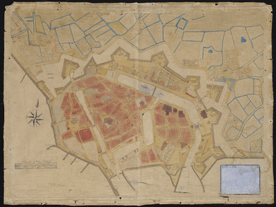 1202 Kaart [plattegrond] der stad Vlissingen, [met latere uitbreiding van de vestingwerken].