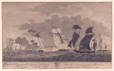 1211 Hardnekkig gevecht teegens 4 Loggers van 16, 14, 12 en 10 stukken door Capt. Le Turc op den 2den maart 1782