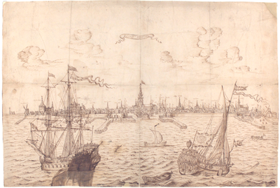 122 Vlissingen anno 1672 [Gezicht op de stad vanuit zee, met op de voorgrond oorlogsschepen en sloepen]