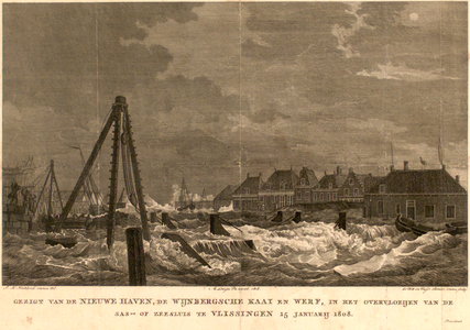 1253 Gezigt van de Nieuwe Haven, De Wijnbergsche kaai en werf, in het overvloeijen van de sas of zeesluis te Vlissingen ...