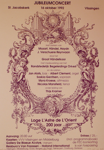 151 Jubileumconcert St. Jacobskerk 16 oktober 1992 Vlissingen : Loge L'Astre de L'Orient 200 jaar
