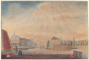 1596 [Gezicht op de Voorhaven, met links het Beursgebouw en Beursbrug, rechts het Rondeel en Vissershaven]