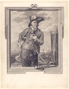 1664 [Nicolaas Jarry, kaperkapitein te Vlissingen, met op de achtergrond het roeiershoofd met zonnewijzer, wapen van ...