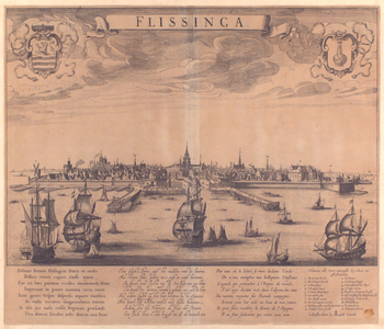1701 Flissinga = Vlissingen [gezicht op de stad vanuit zee, op de voorgrond oorlogsschepen]