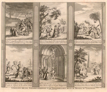 1712 Afbeelding der zes schildertafereelen in de vensterraamen boven de Beurze te Vlissingen