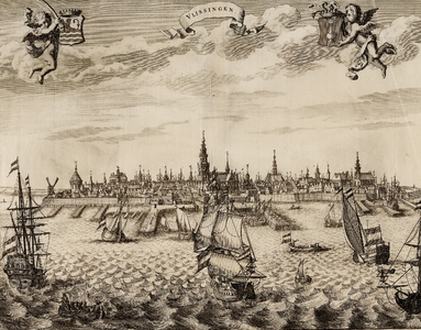1728 Vlissingen [Gezicht op de stad vanuit zee, op de voorgrond oorlogsschepen en sloepen]