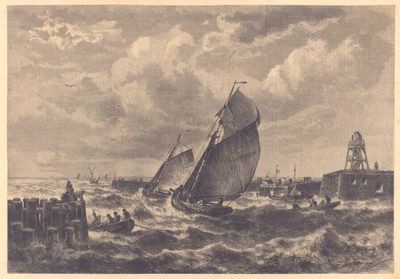 1748 [Vertrek uit de haven van Vlissingen van vissers met rechts het keizersbolwerk en het westerhavenhoofd]