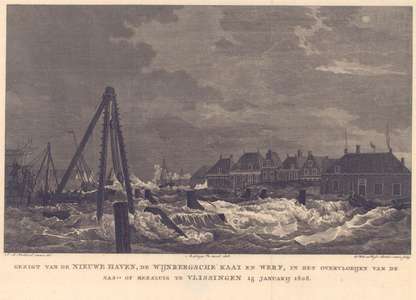 1751 Gezigt van de Nieuwe Haven, De Wijnbergsche kaai en werf, in het overvloeijen van de sas of zeesluis te Vlissingen ...