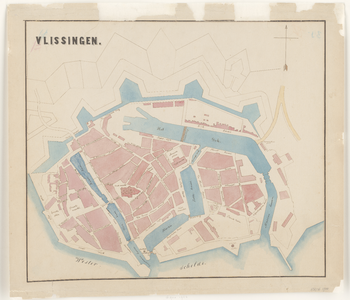 1756 [Plattegrond van] Vlissingen [begrensd door de Duinpoort, de Nieuwe Weg en de Rammekenspoort].