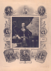 1856 Luitenant-Admiraal Michiel Adriaensz. de Ruyter, te halver lijve, van voren, met orde van St. Michiel, leunende op ...