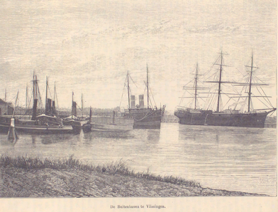 1862 De Buitenhaven te Vlissingen [gezien vanuit het westen met in het midden een mailboot van de dienst ...