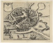 2037 [Plattegrond van] Oud Vlissingen van den jare 1500 [met opstanden van huizen en gebouwen].