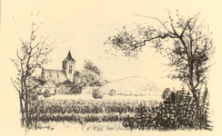 2321 Gezicht op de Hervormde kerk van Ritthem, met rechts een kasteelberg
